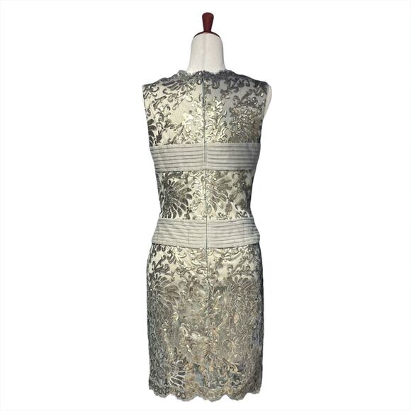 TADASHI SHOJI Smoke Pearl Gold Sequin Beige Mesh Sheath Dress Size 8 - Picture 7 of 8